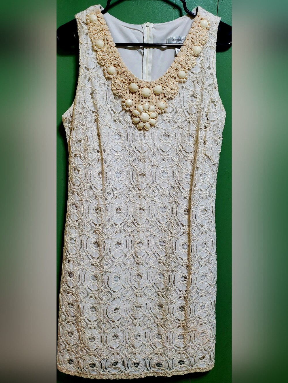 dressbarn Ivory Crochet Sheath Dress with Embellished Neckline